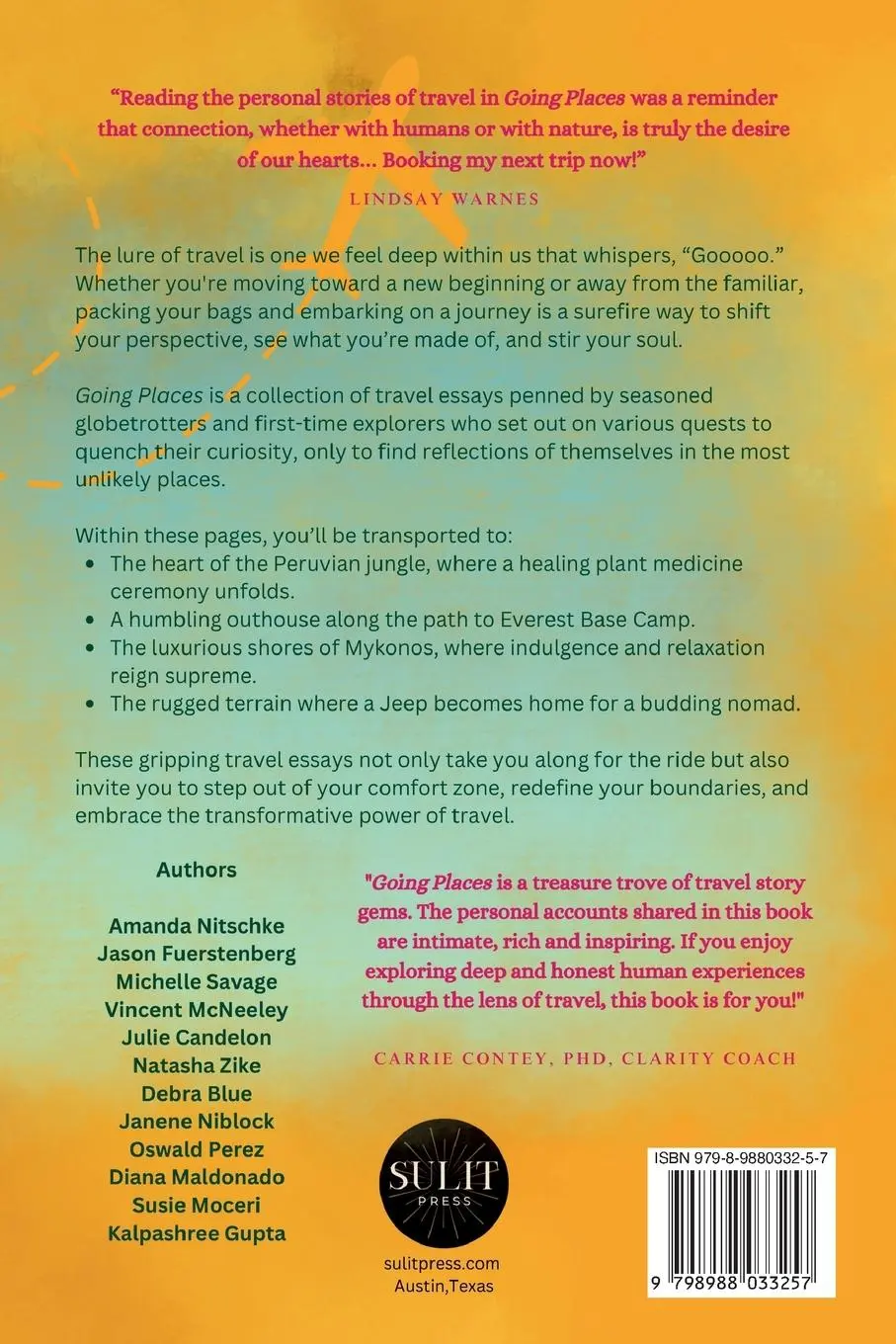 Rückseite: 9798988033257 | Going Places | Soul-Stirring Essays About the Travel That Changed Us