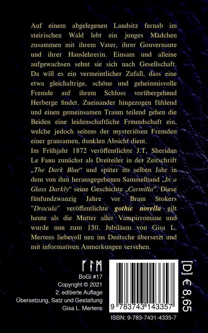 Rückseite: 9783743143357 | Carmilla | neu übersetzt | Joseph T. Sheridan Le Fanu | Taschenbuch