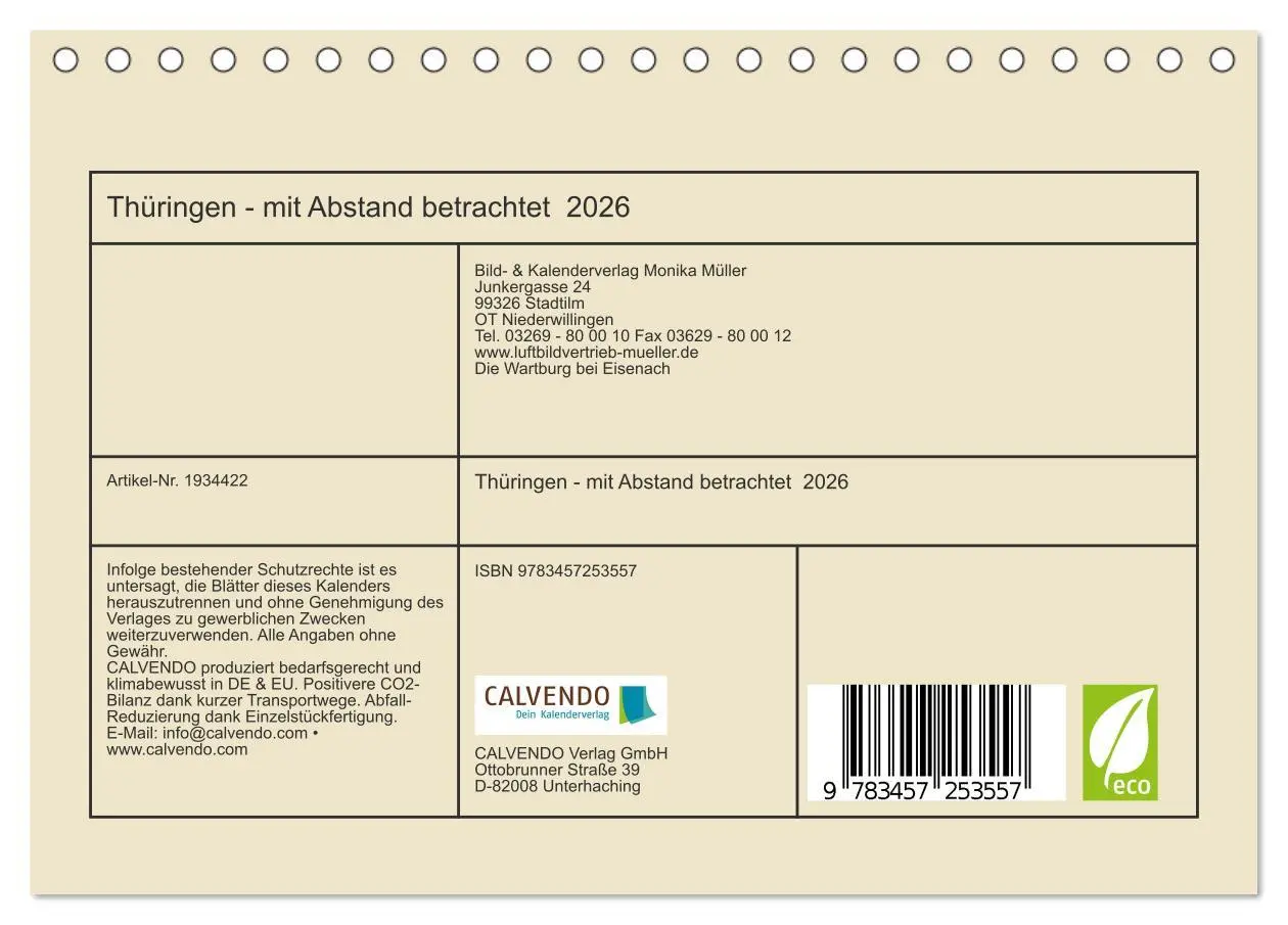 Bild: 9783457253557 | Thüringen - mit Abstand betrachtet 2026 (Tischkalender 2026 DIN A5...