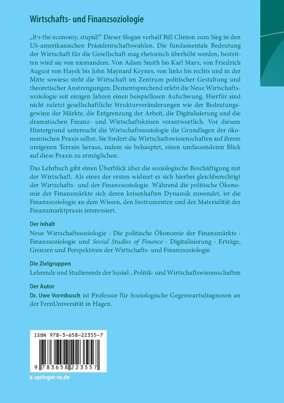 Rückseite: 9783658223557 | Wirtschafts- und Finanzsoziologie | Eine kritische Einführung | Buch