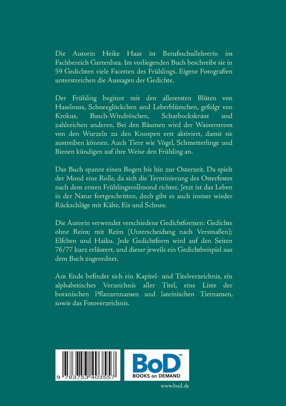 Rückseite: 9783753403557 | Frühling strömt aus dem Baum! | Gedichte und Fotografien | Heike Haas