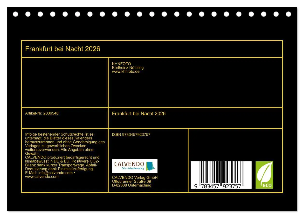 Bild: 9783457923757 | Frankfurt bei Nacht 2026 (Tischkalender 2026 DIN A5 quer), CALVENDO...