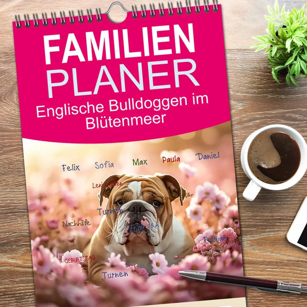 Bild: 9783516493757 | Familienplaner 2026 - Englische Bulldoggen im Blütenmeer mit 5...