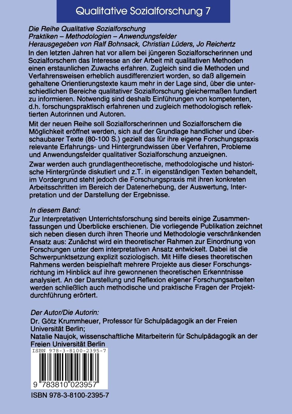 Rückseite: 9783810023957 | Grundlagen und Beispiele Interpretativer Unterrichtsforschung | Buch