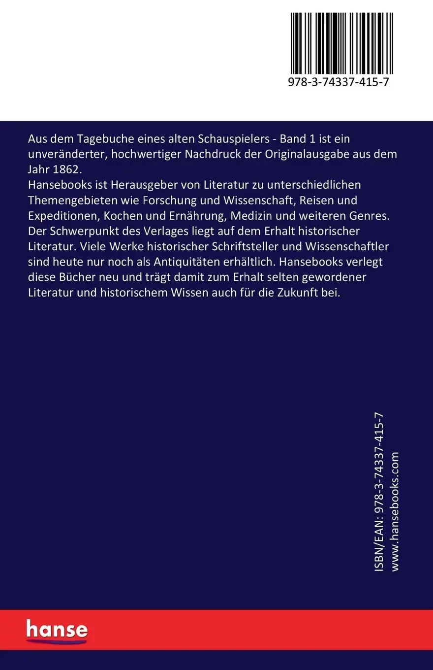 Rückseite: 9783743374157 | Aus dem Tagebuche eines alten Schauspielers | Band 1 | Eduard Genast