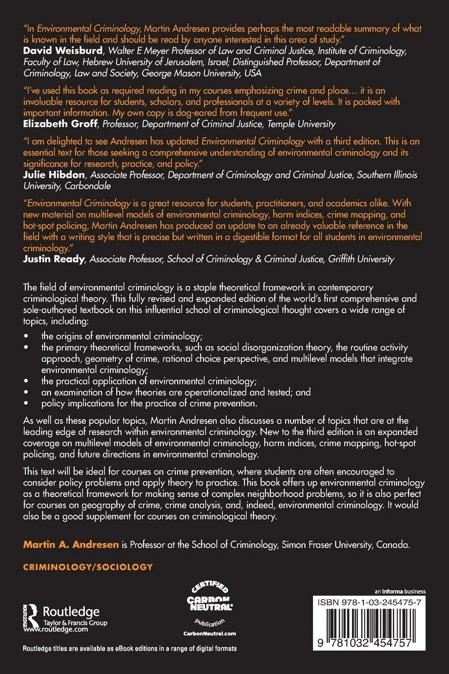 Rückseite: 9781032454757 | Environmental Criminology | Evolution, Theory, and Practice | Andresen