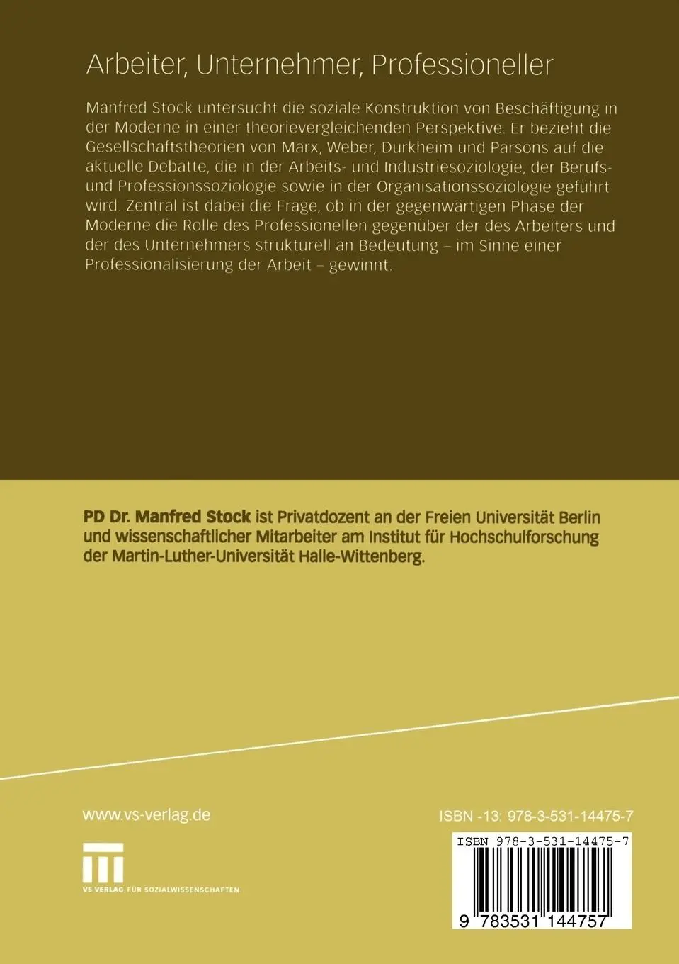 Rückseite: 9783531144757 | Arbeiter, Unternehmer, Professioneller | Manfred Stock | Taschenbuch