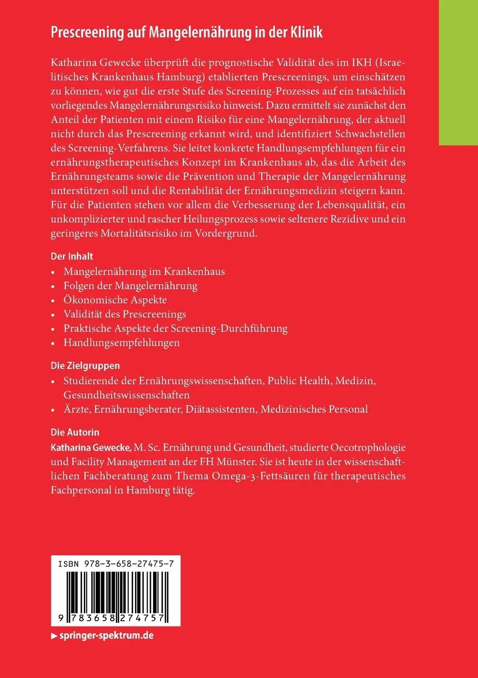 Rückseite: 9783658274757 | Prescreening auf Mangelernährung in der Klinik | Katharina Gewecke | x