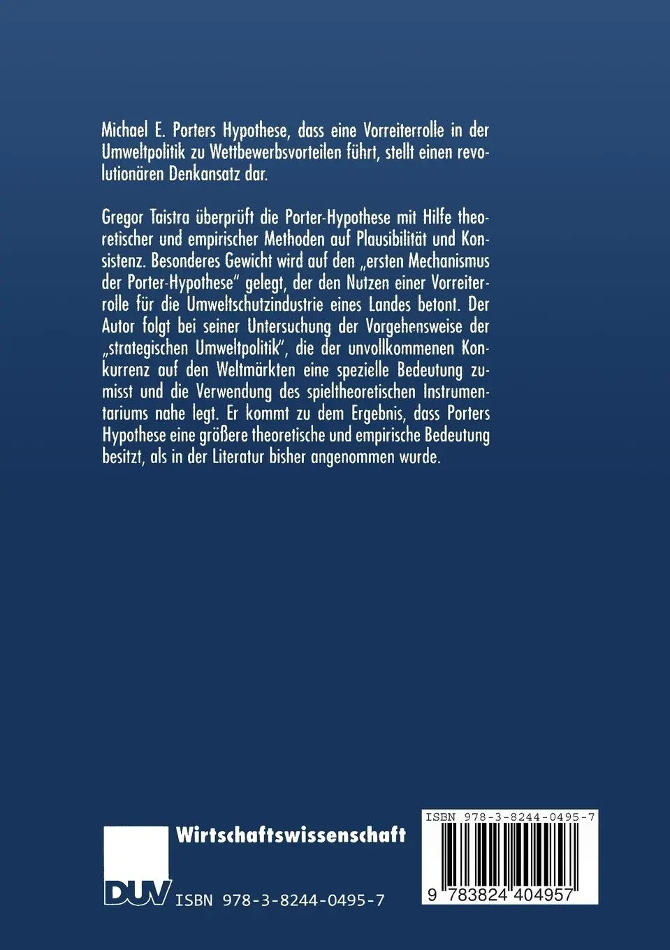 Rückseite: 9783824404957 | Die Porter-Hypothese zur Umweltpolitik | Gregor Taistra | Taschenbuch