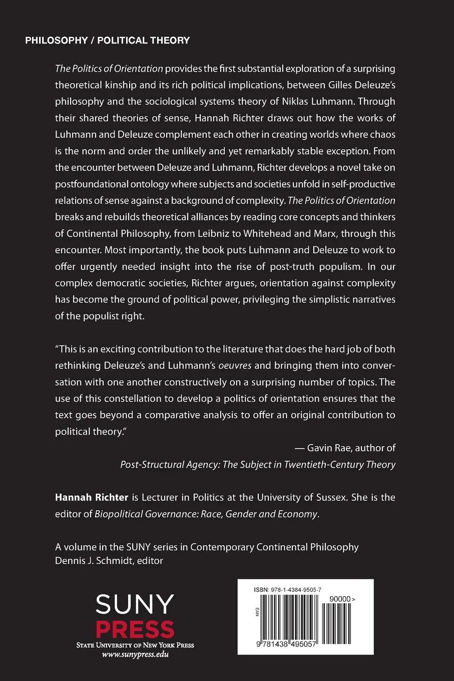 Rückseite: 9781438495057 | The Politics of Orientation | Deleuze Meets Luhmann | Hannah Richter