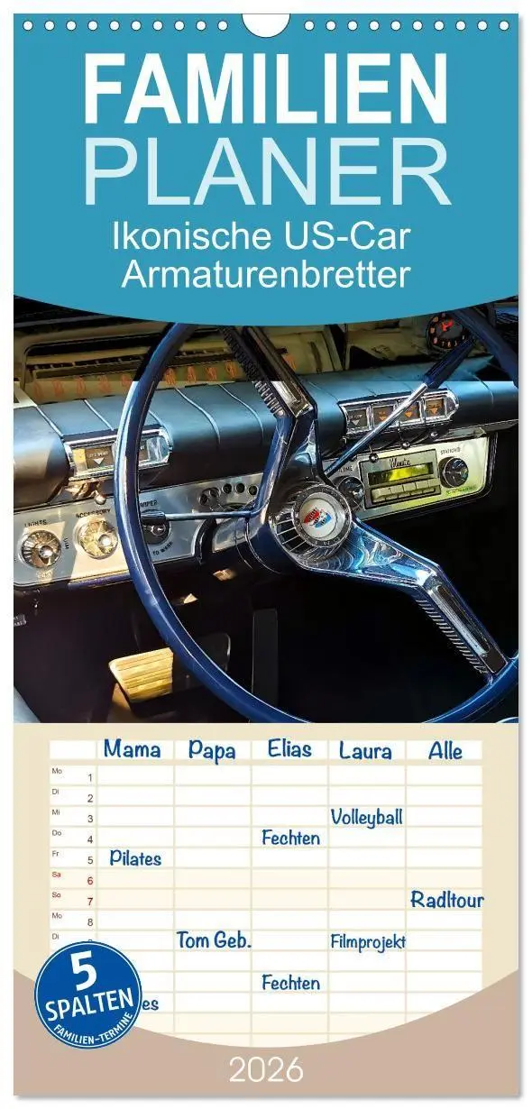 Cover: 9783516715057 | Familienplaner 2026 - Ikonische US-Car Armaturenbretter mit 5...