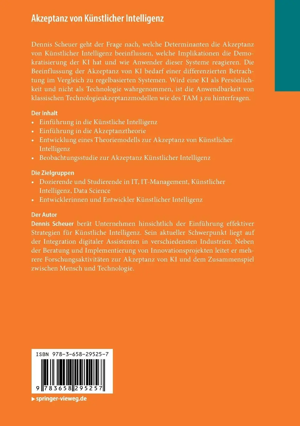 Rückseite: 9783658295257 | Akzeptanz von Ku¿nstlicher Intelligenz | Dennis Scheuer | Taschenbuch