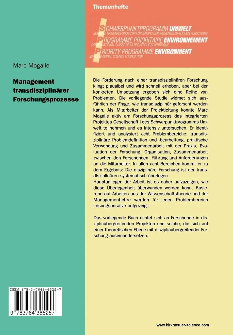 Rückseite: 9783764365257 | Management transdisziplinärer Forschungsprozesse | Marc Mogalle | Buch