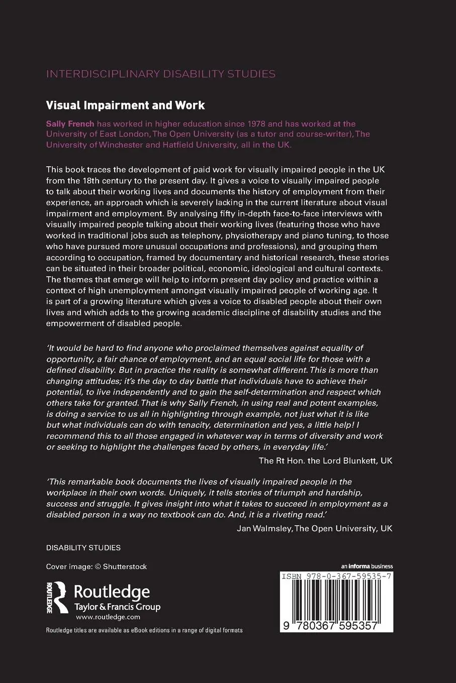 Rückseite: 9780367595357 | Visual Impairment and Work | Experiences of Visually Impaired People