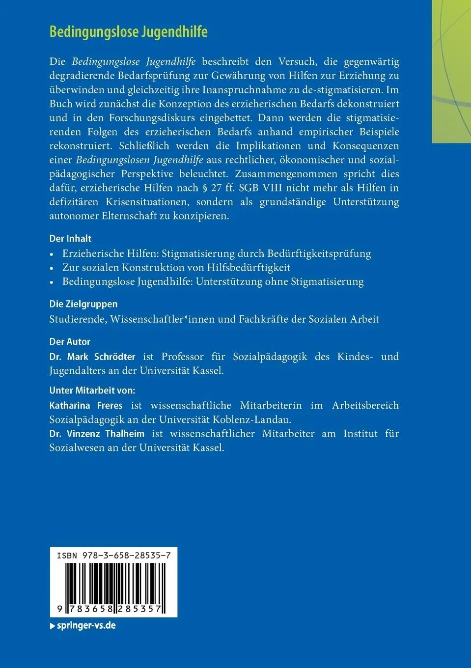 Rückseite: 9783658285357 | Bedingungslose Jugendhilfe | Mark Schrödter | Taschenbuch | vi | 2020