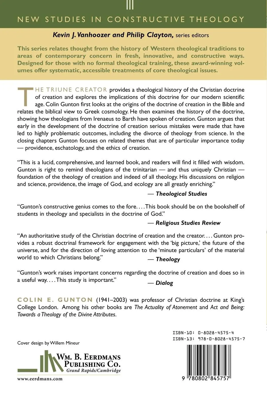 Rückseite: 9780802845757 | The Triune Creator | A Historical and Systematic Study | Gunton | Buch