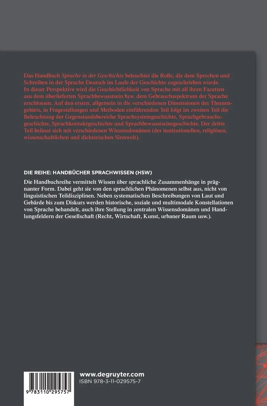 Rückseite: 9783110295757 | Handbuch Sprache in der Geschichte | Jochen A. Bär (u. a.) | Buch