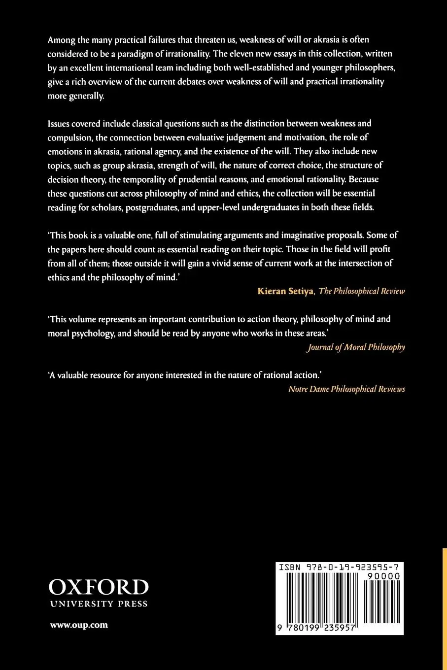 Rückseite: 9780199235957 | Weakness of Will and Practical Irrationality | Sarah Stroud (u. a.)