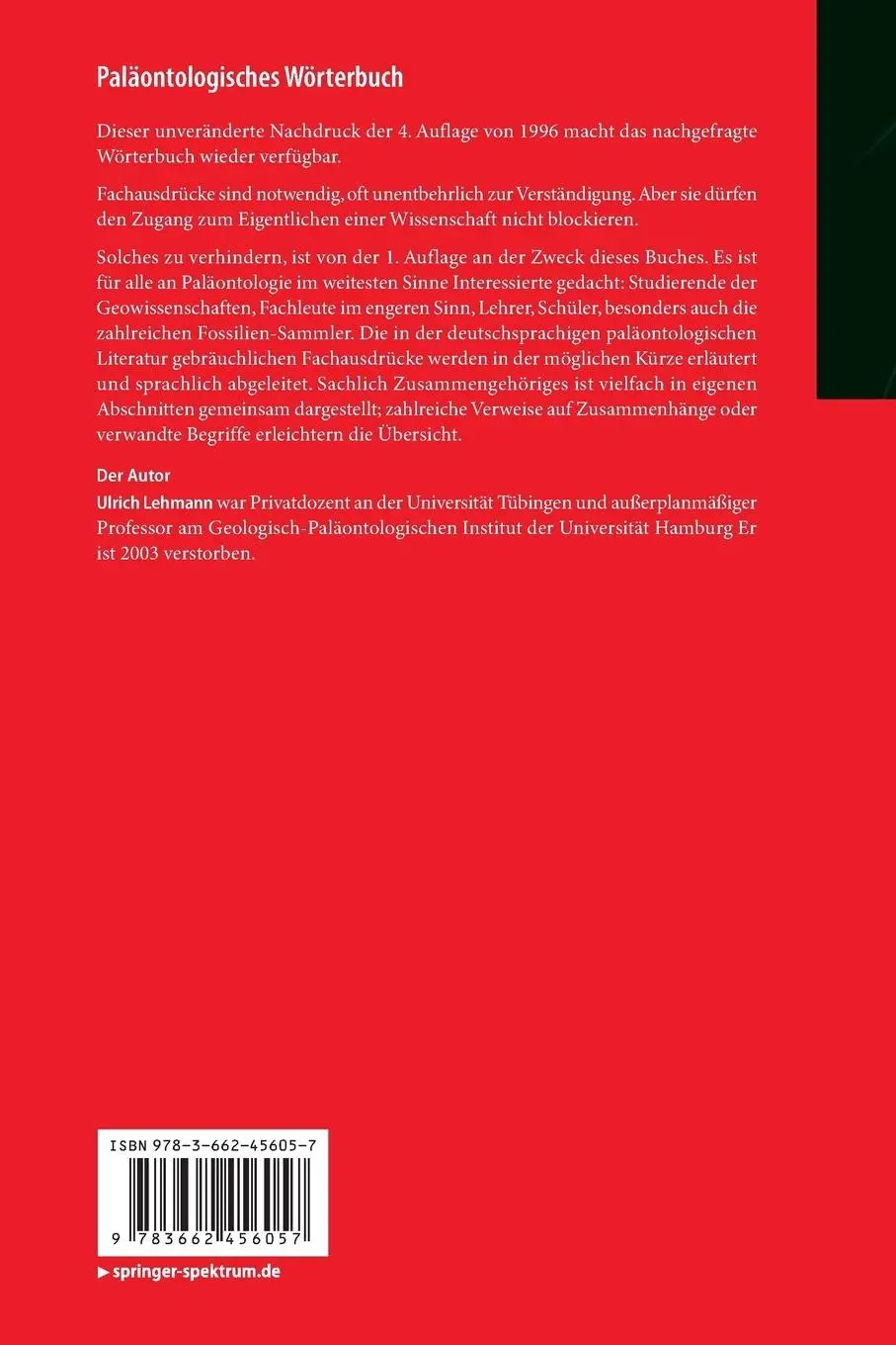 Rückseite: 9783662456057 | Paläontologisches Wörterbuch | Ulrich Lehmann | Taschenbuch | ix