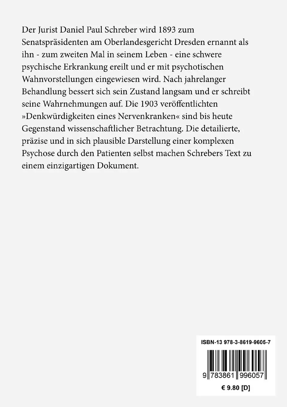 Rückseite: 9783861996057 | Denkwürdigkeiten eines Nervenkranken | Daniel Paul Schreber | Buch