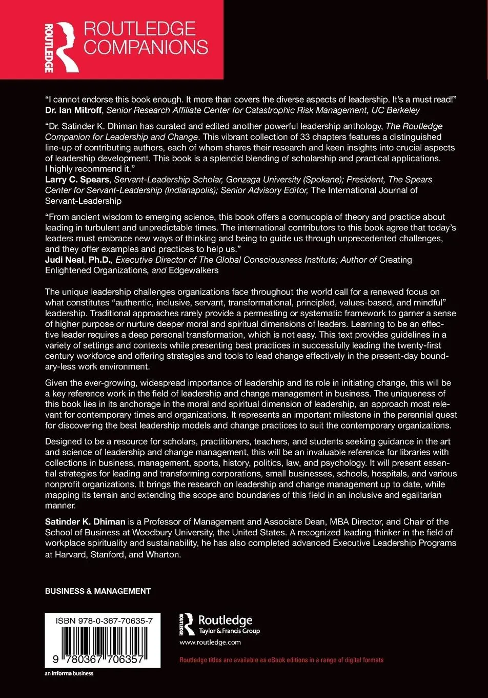 Rückseite: 9780367706357 | The Routledge Companion to Leadership and Change | Satinder K. Dhiman