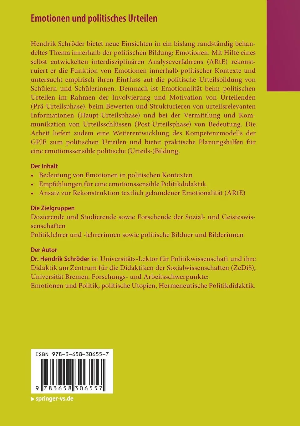 Rückseite: 9783658306557 | Emotionen und politisches Urteilen | Hendrik Schröder | Taschenbuch