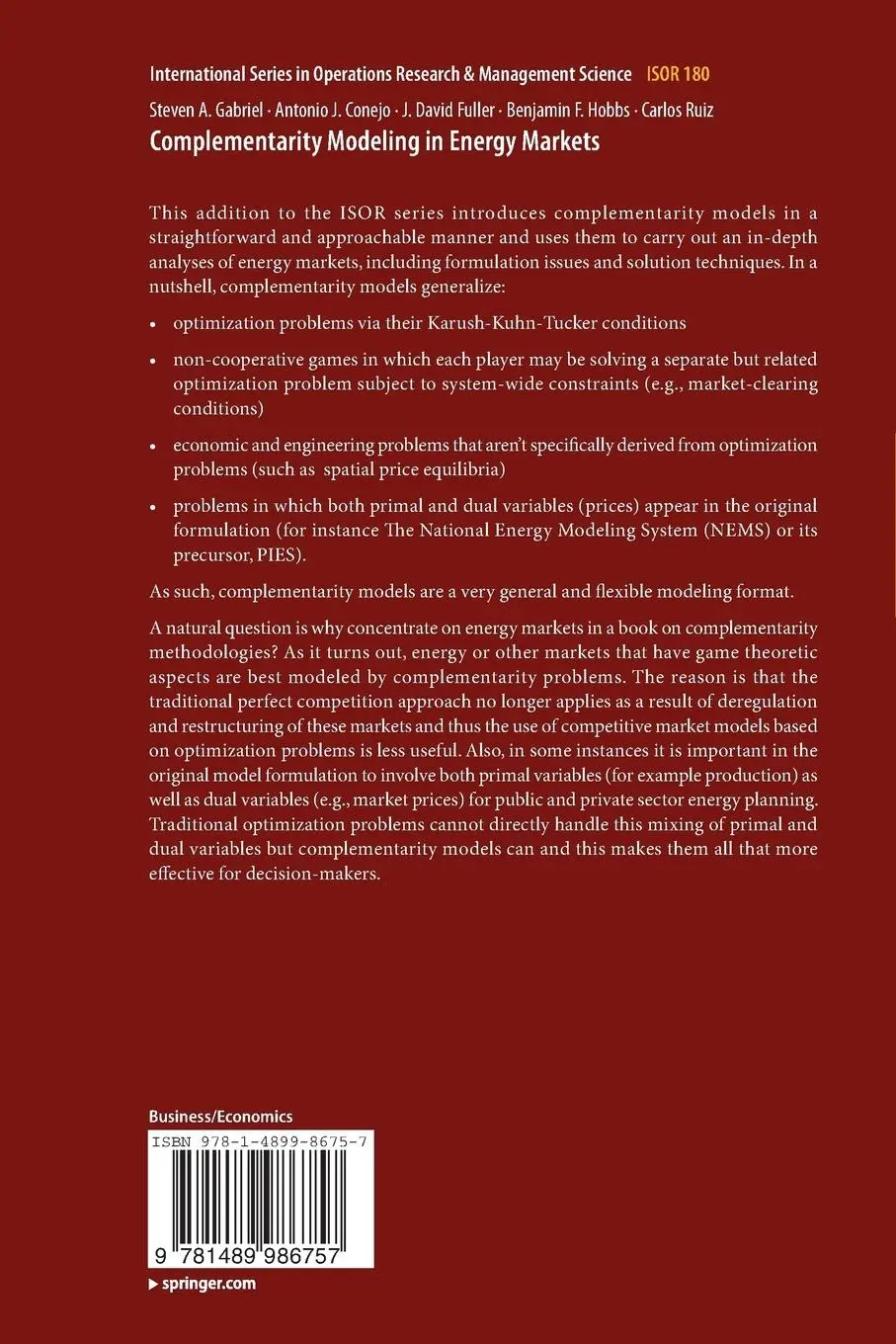 Rückseite: 9781489986757 | Complementarity Modeling in Energy Markets | Steven A. Gabriel (u. a.)
