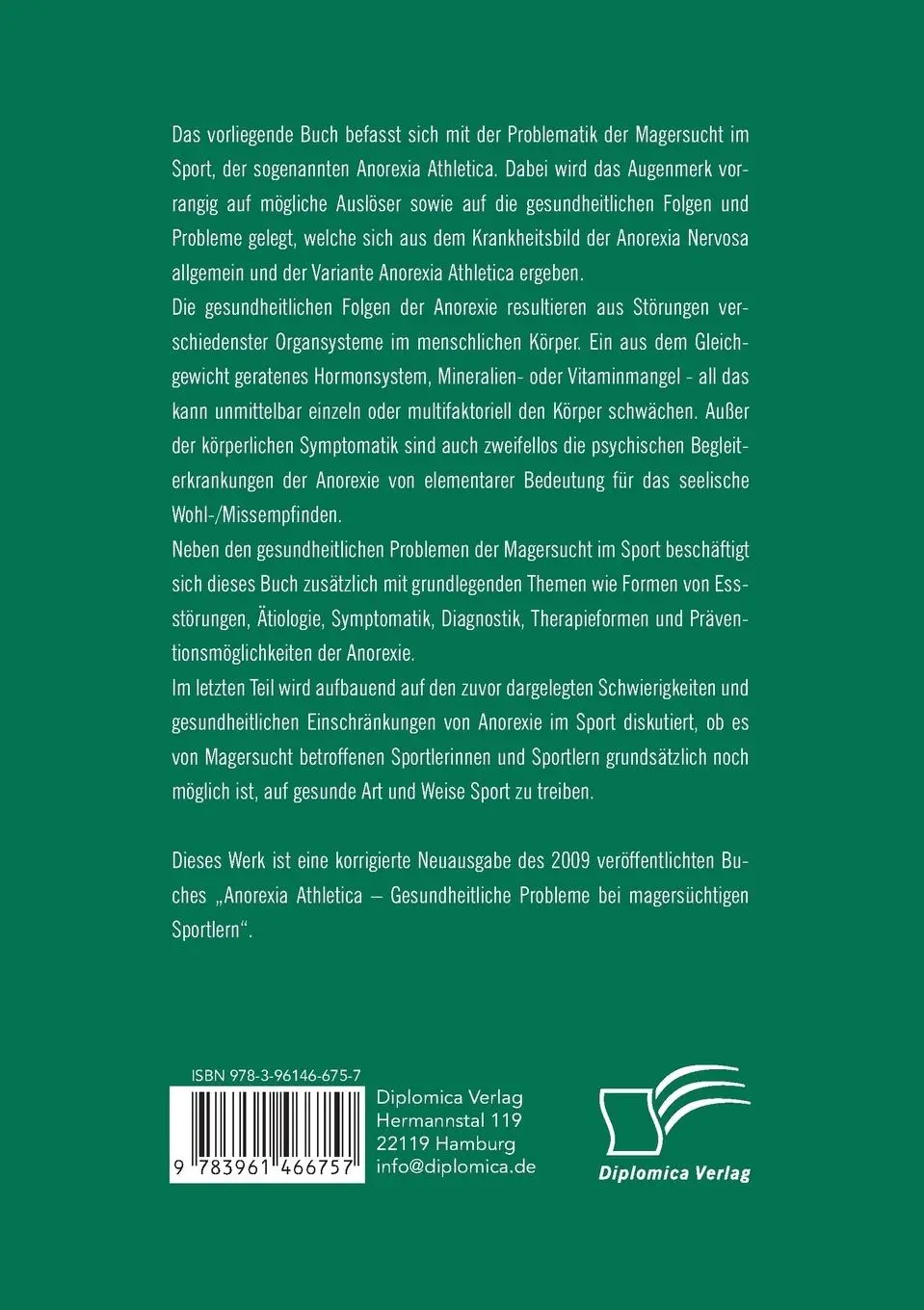 Rückseite: 9783961466757 | Sportanorexie. Folgen für die physische und psychische Gesundheit