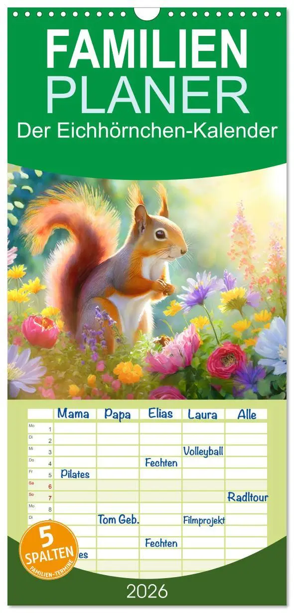 Cover: 9783516496857 | Familienplaner 2026 - Der Eichhörnchen-Kalender mit 5 Spalten...