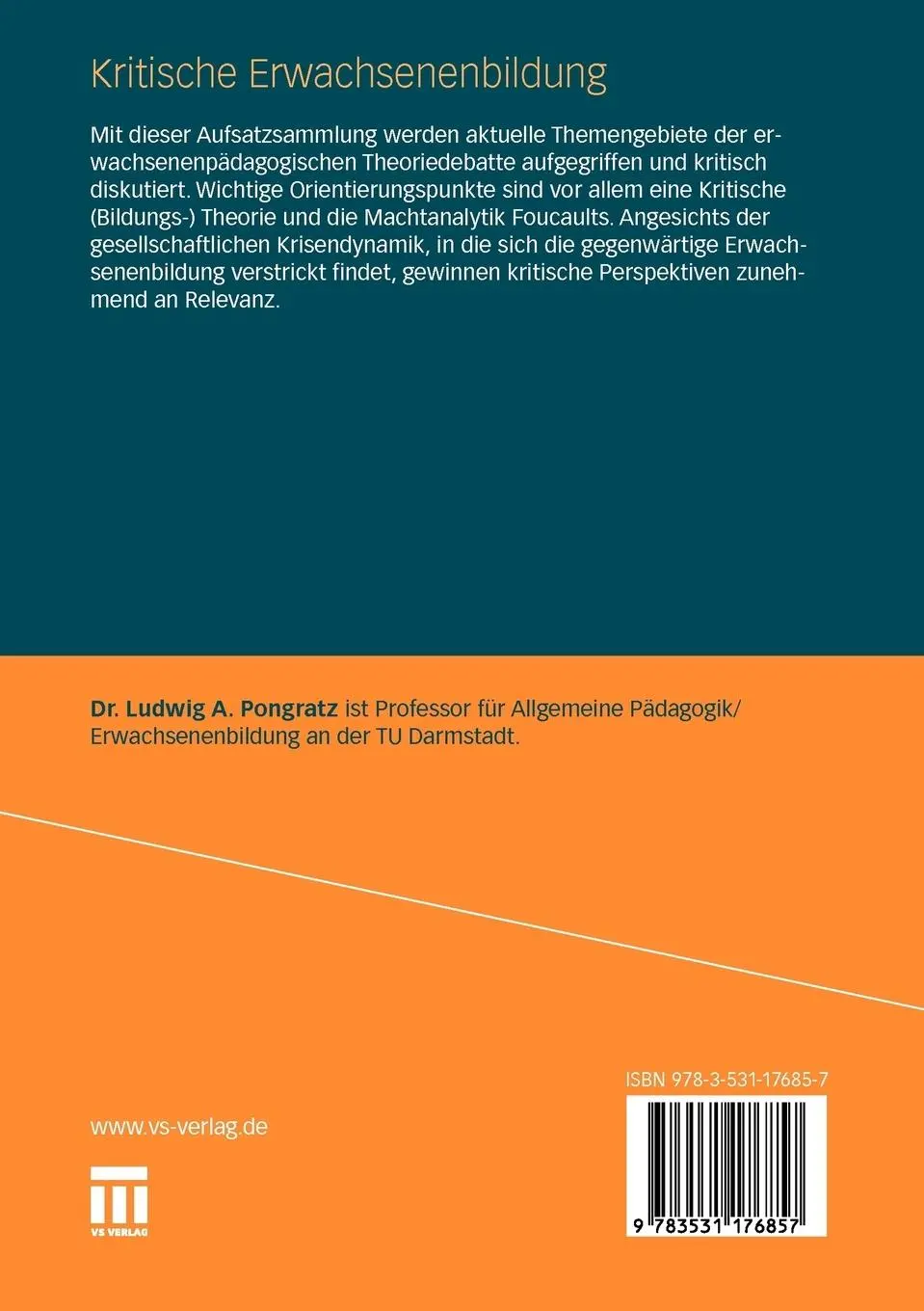 Rückseite: 9783531176857 | Kritische Erwachsenenbildung | Analysen und Anstöße | Pongratz | Buch