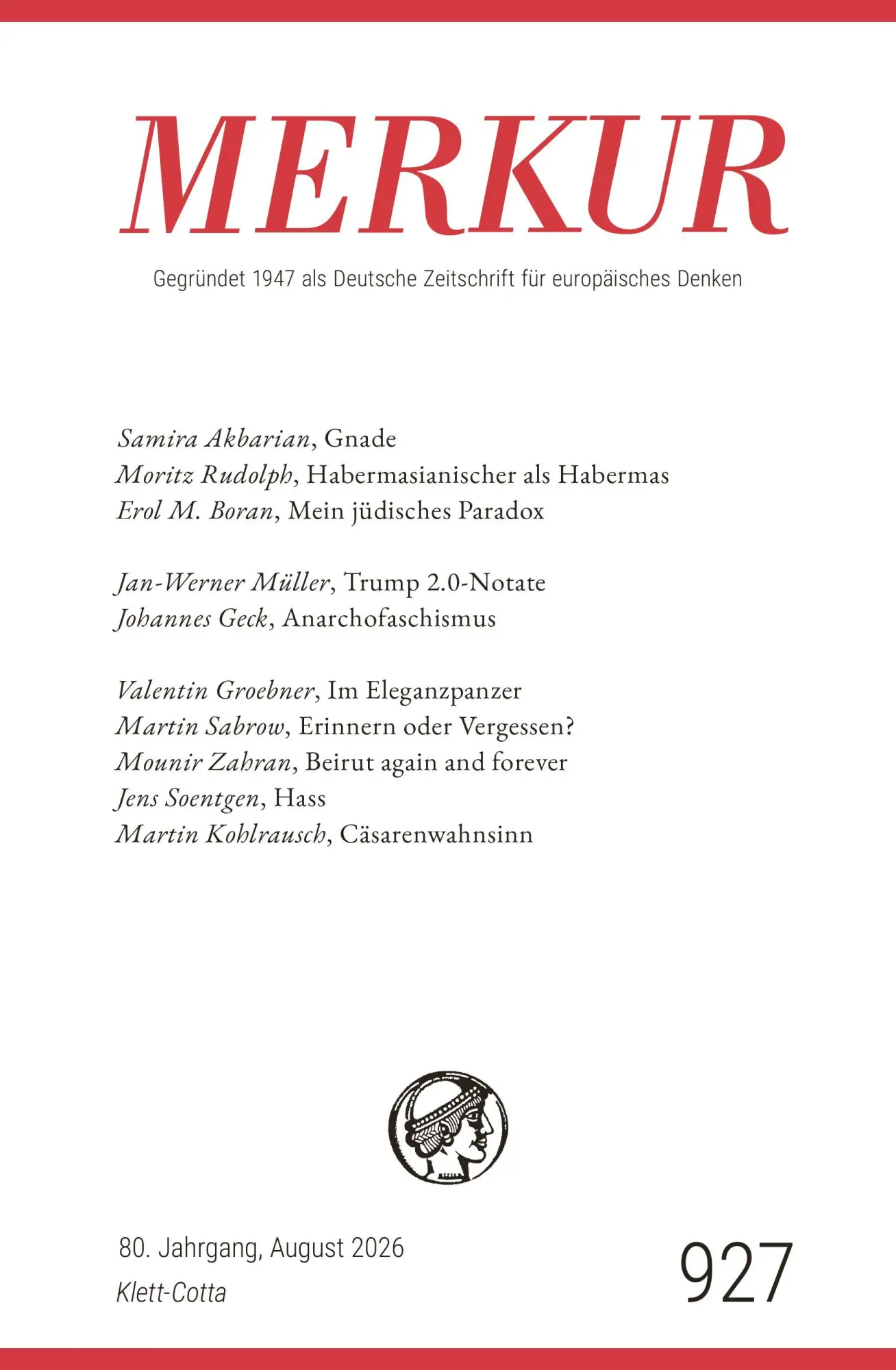 Cover: 9783608977257 | MERKUR 8/2026, Jg.80 | Nr. 927, Heft 08, August 2026 | Knörer (u. a.)