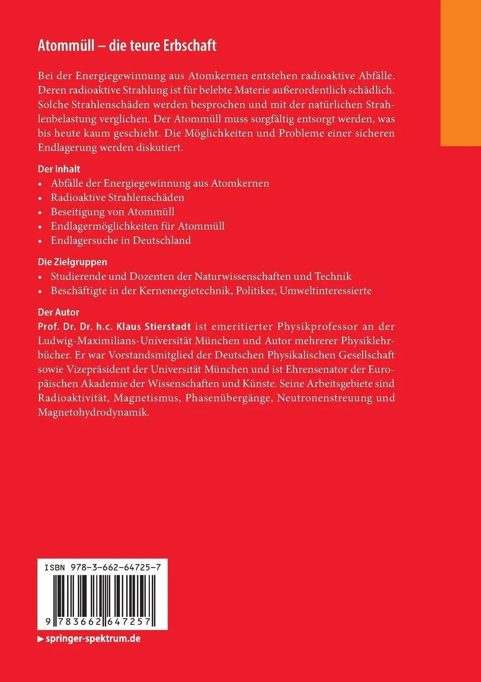 Rückseite: 9783662647257 | Atommüll - die teure Erbschaft | Klaus Stierstadt | Taschenbuch | x