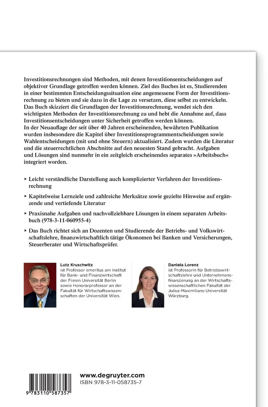 Rückseite: 9783110587357 | Investitionsrechnung | Lutz Kruschwitz (u. a.) | Buch | XVII | Deutsch