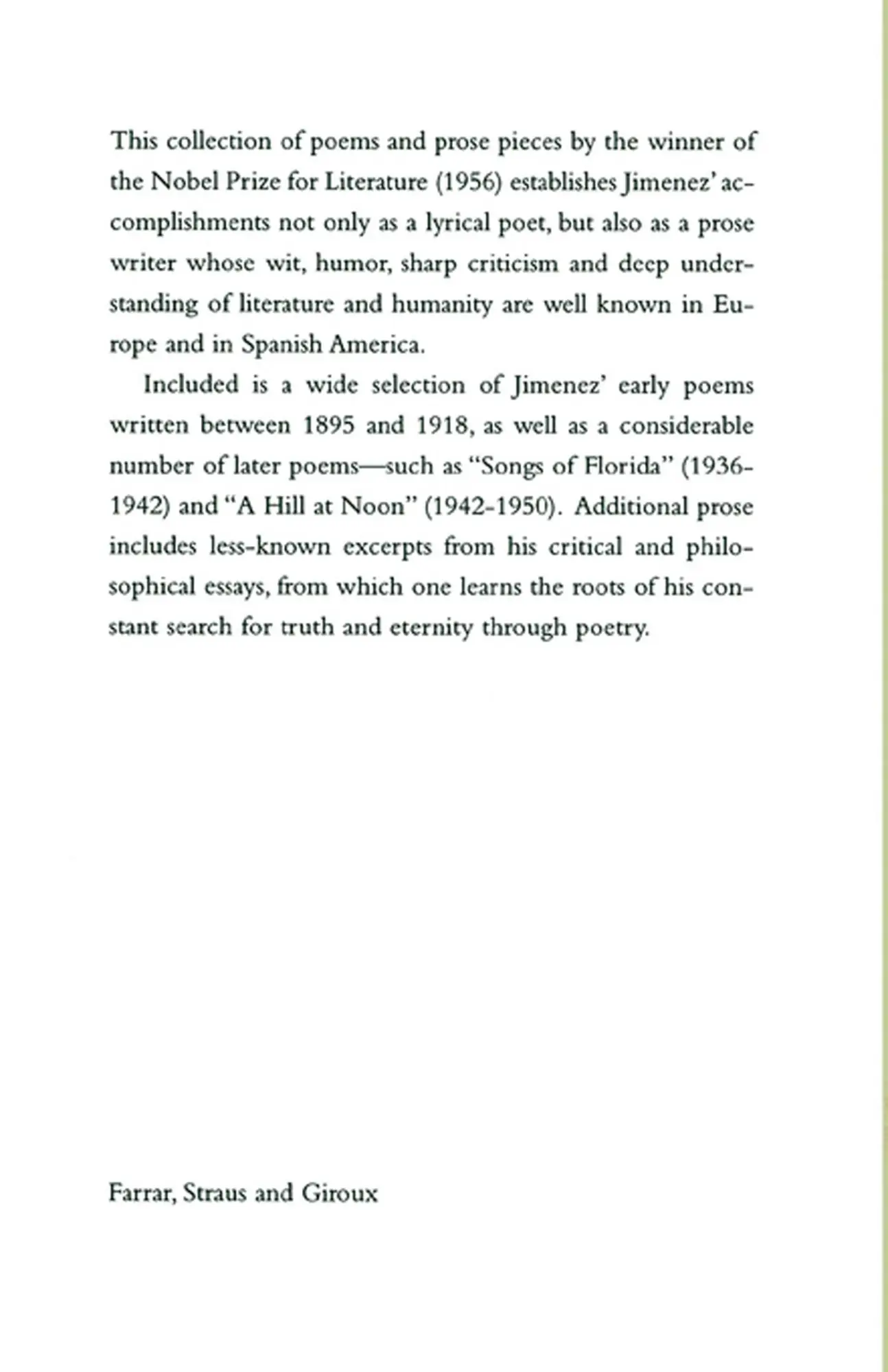 Rückseite: 9780374527457 | Selected Writings of Juan Ramon Jimenez | Juan Ramon Jimenez | Buch