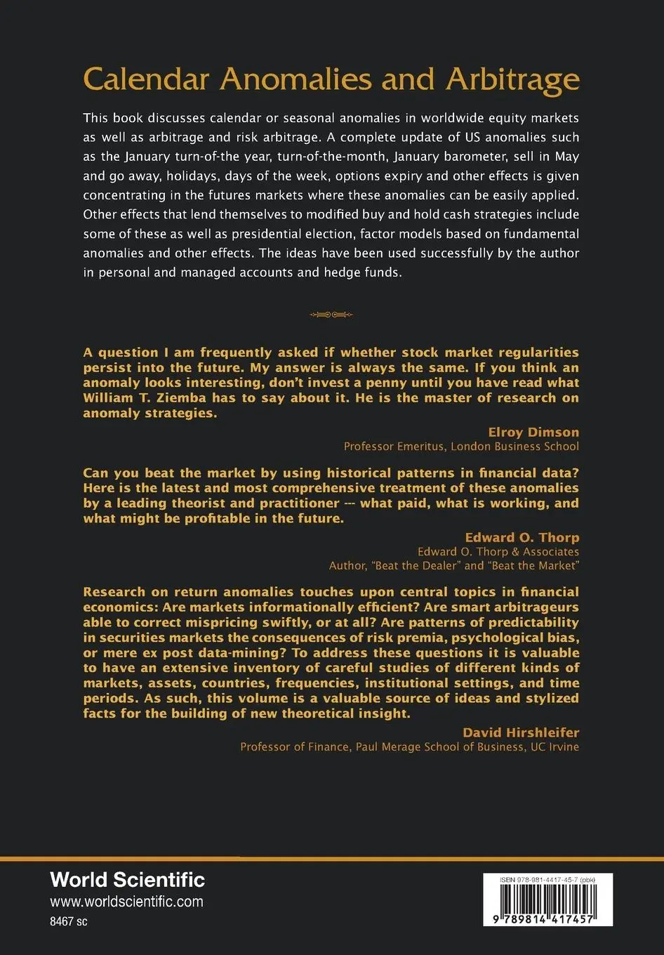 Rückseite: 9789814417457 | CALENDAR ANOMALIES AND ARBITRAGE | William T Ziemba | Taschenbuch