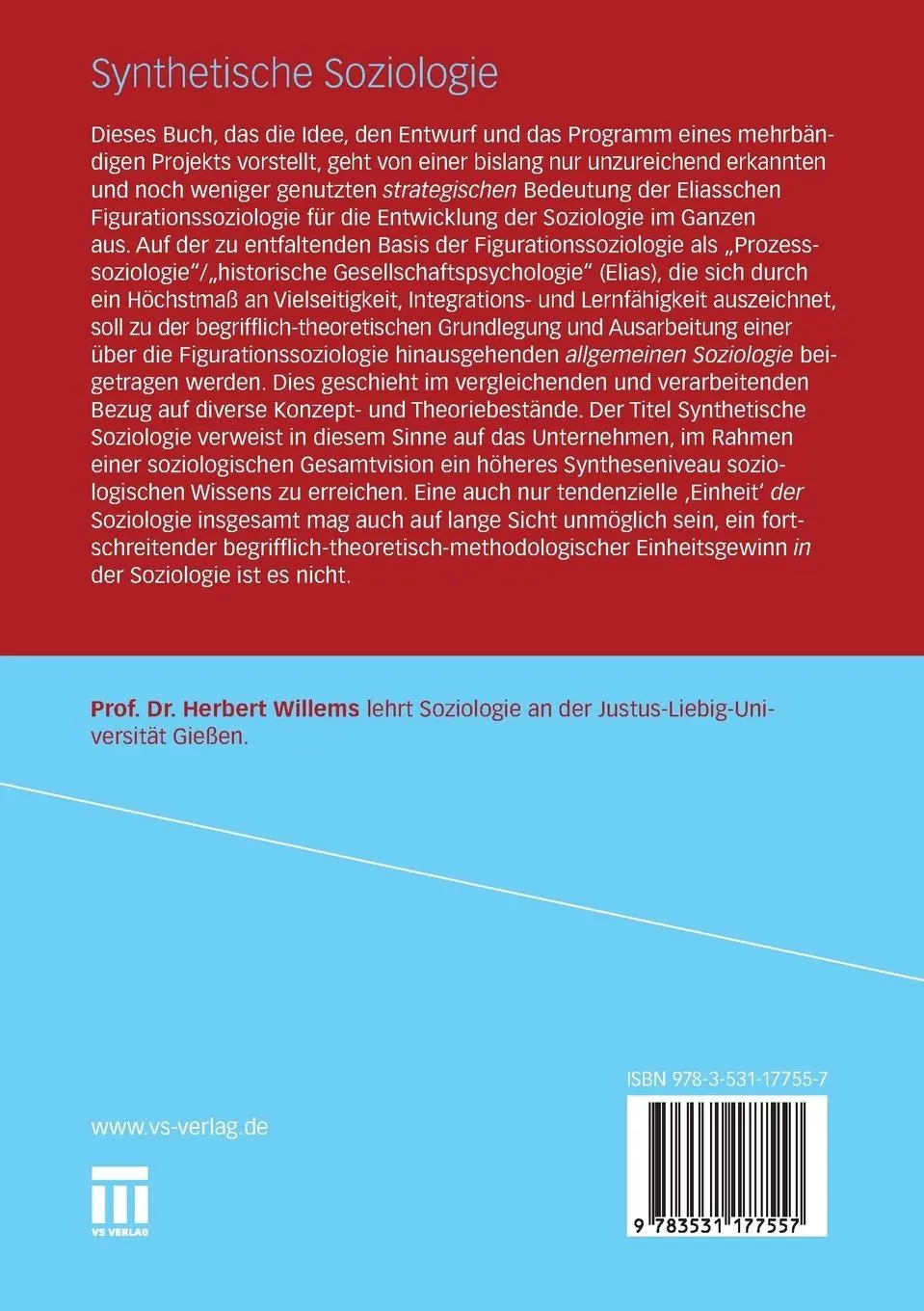 Rückseite: 9783531177557 | Synthetische Soziologie | Idee, Entwurf und Programm | Herbert Willems
