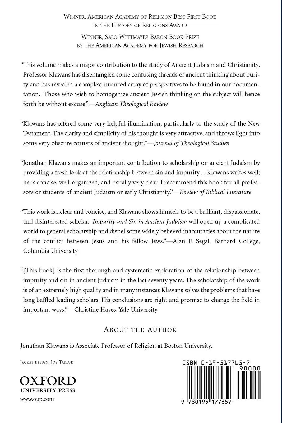 Rückseite: 9780195177657 | Impurity and Sin in Ancient Judaism | Jonathan Klawans | Taschenbuch