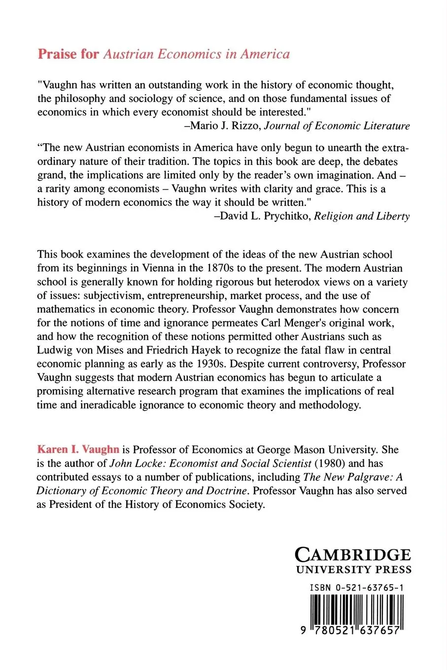 Rückseite: 9780521637657 | Austrian Economics in America | The Migration of a Tradition | Buch