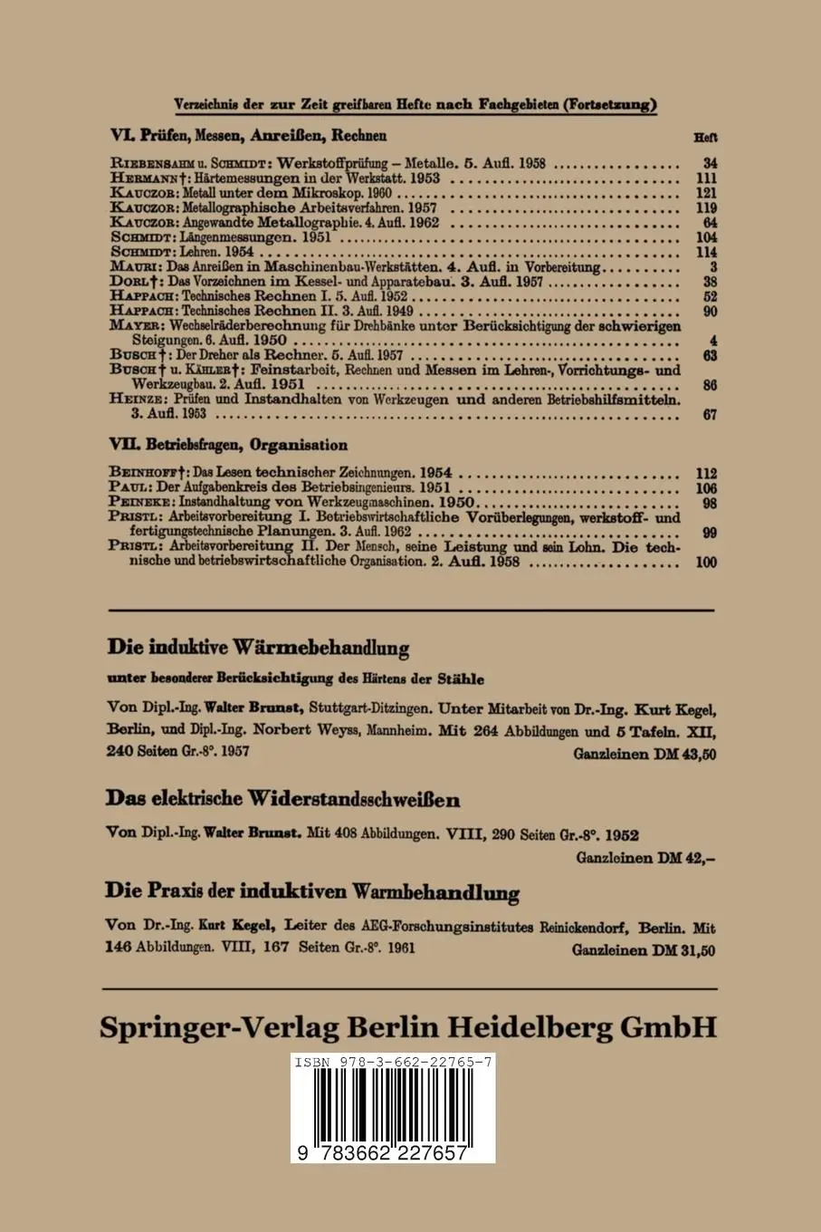 Rückseite: 9783662227657 | Widerstandsschweißen | Wolfgang Fahrenbach (u. a.) | Taschenbuch | iv
