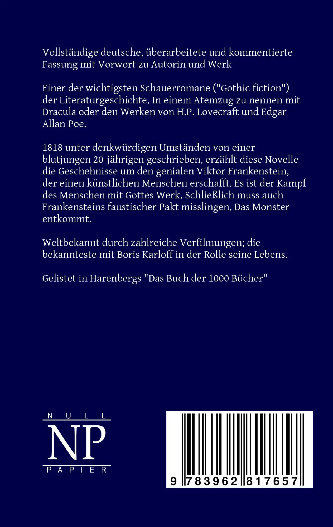Rückseite: 9783962817657 | Frankenstein | Oder: Der moderne Prometheus | Shelley | Taschenbuch