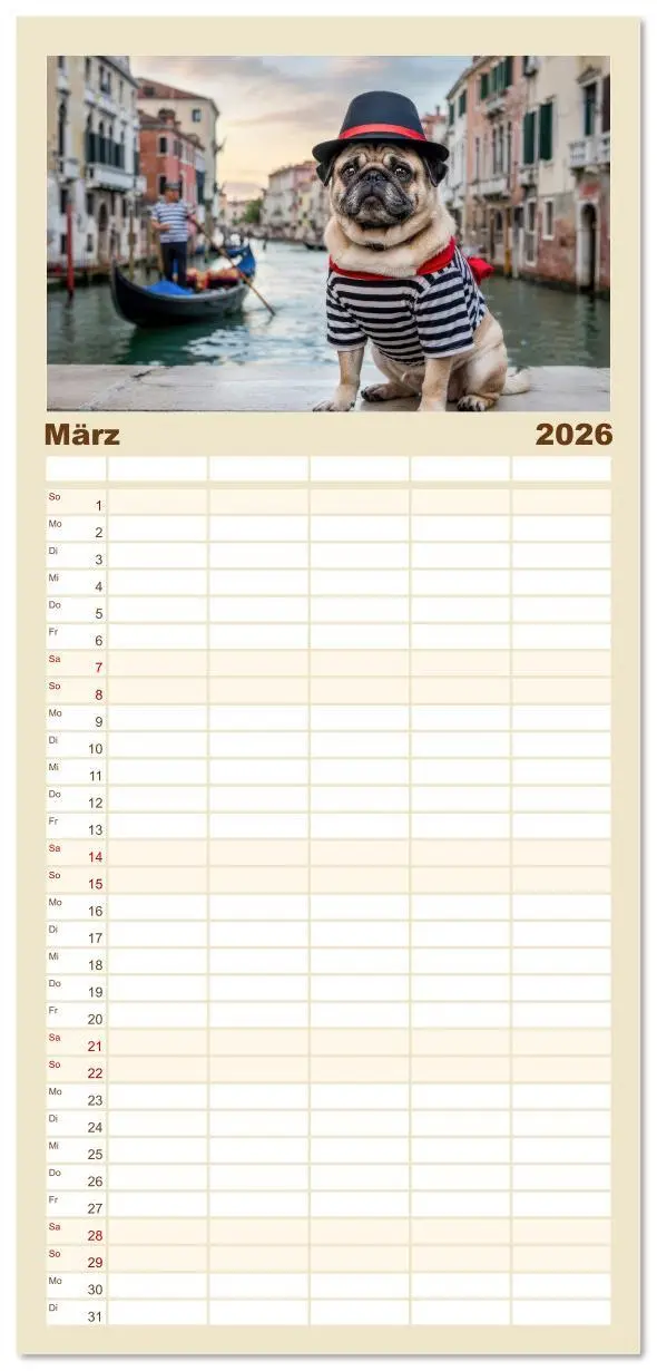 Bild: 9783516617757 | Familienplaner 2026 - Eine Mopsige Weltreise mit 5 Spalten...