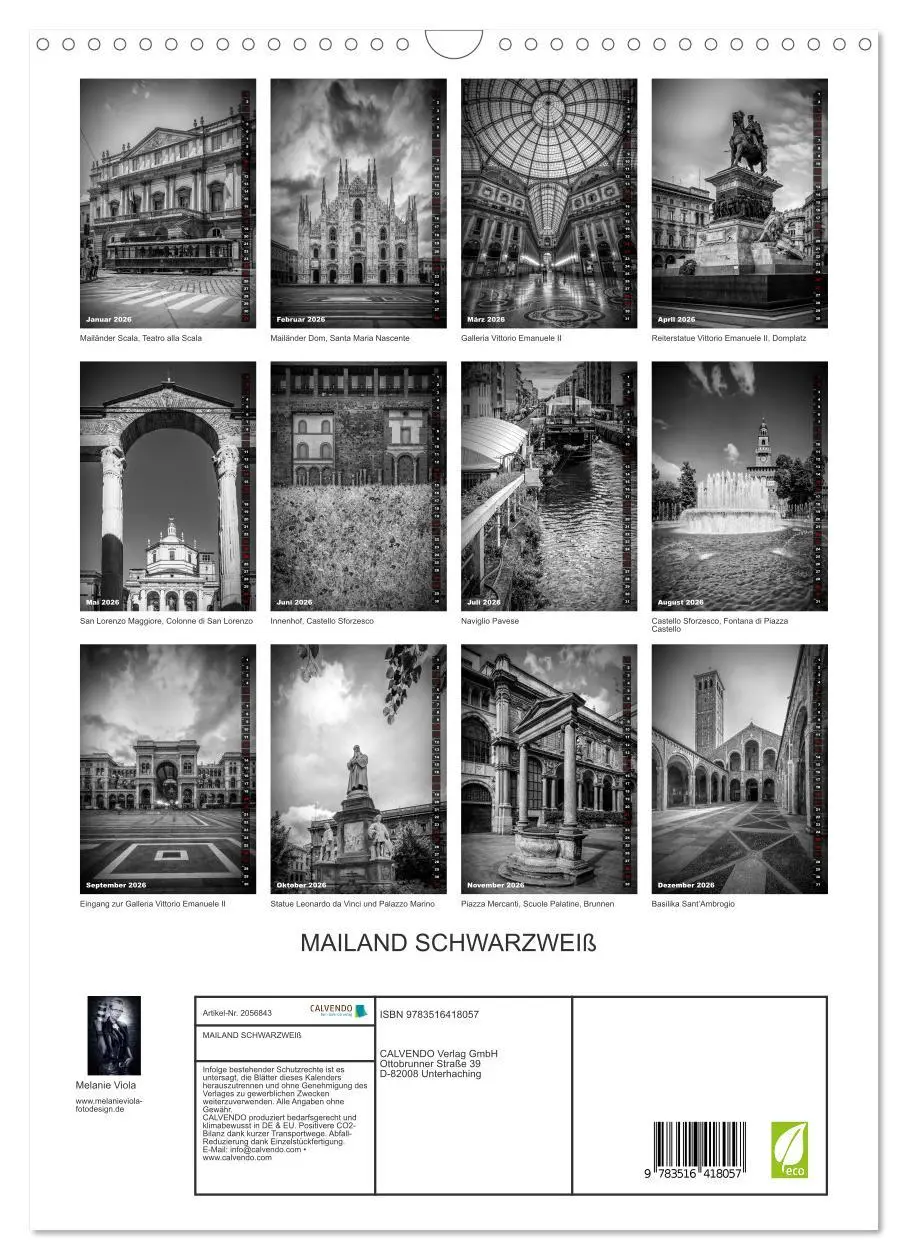 Bild: 9783516418057 | MAILAND SCHWARZWEIß (Wandkalender 2026 DIN A3 hoch), CALVENDO...