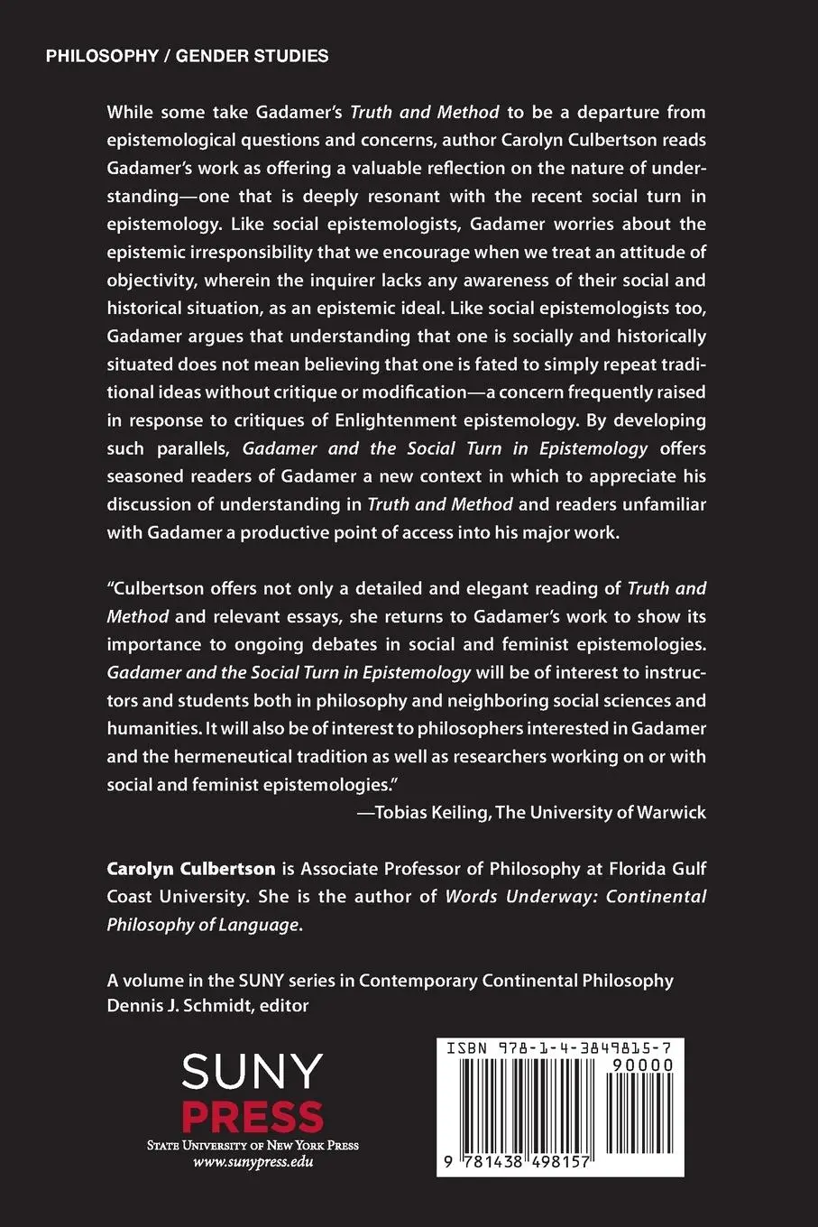 Rückseite: 9781438498157 | Gadamer and the Social Turn in Epistemology | Carolyn Culbertson