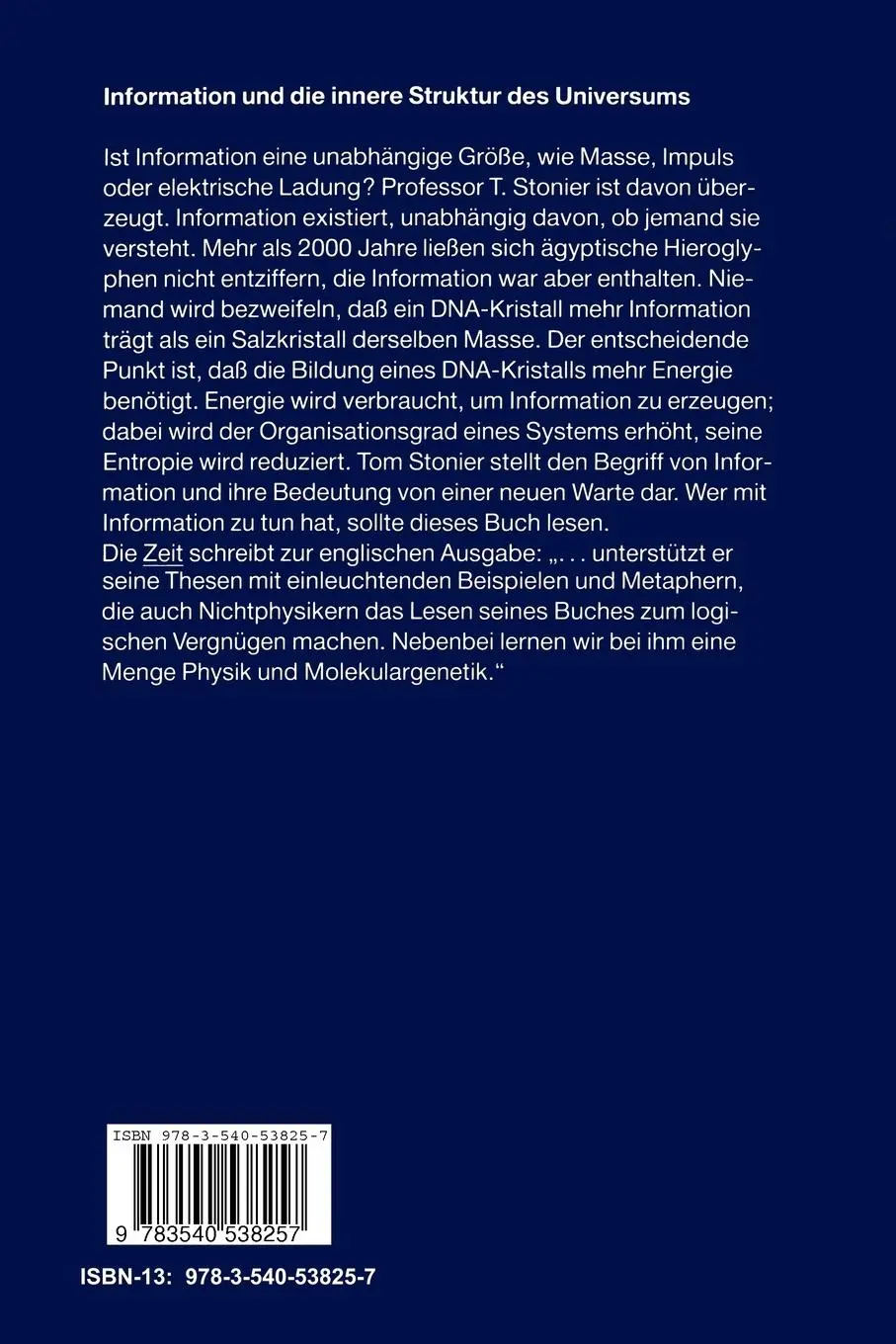 Rückseite: 9783540538257 | Information und die innere Struktur des Universums | Tom Stonier