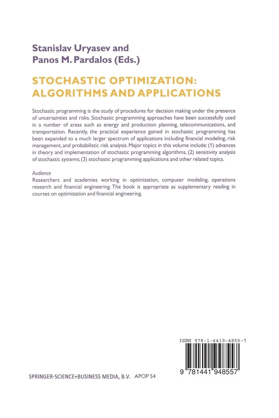 Rückseite: 9781441948557 | Stochastic Optimization | Algorithms and Applications | Taschenbuch