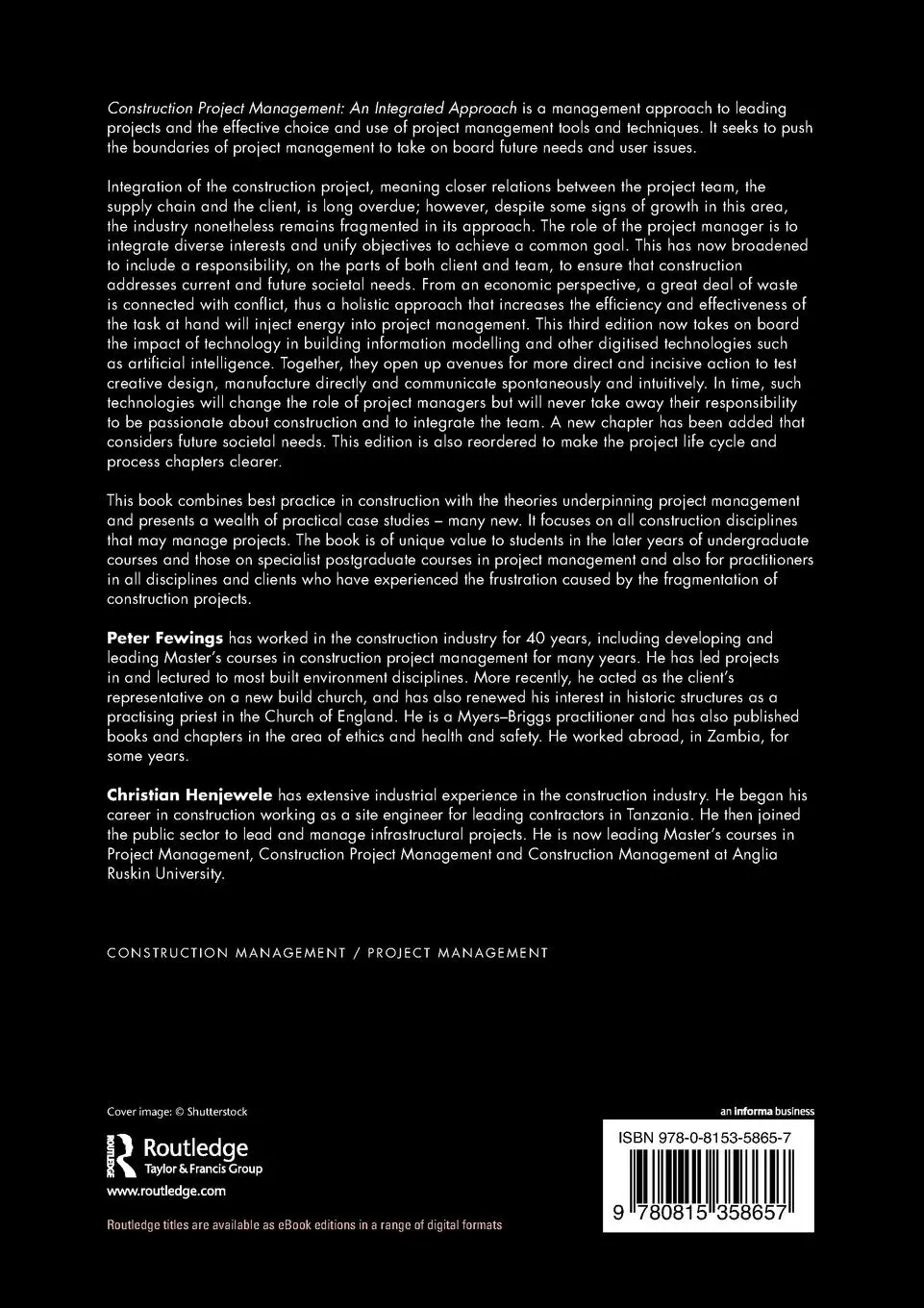 Rückseite: 9780815358657 | Construction Project Management | An Integrated Approach | Taschenbuch