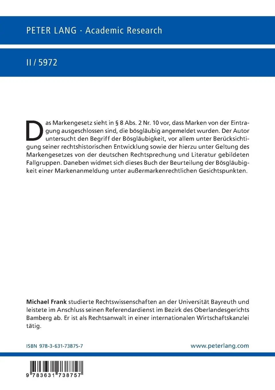 Rückseite: 9783631738757 | Die bösgläubige Markenanmeldung | Geschichte und aktuelle Probleme