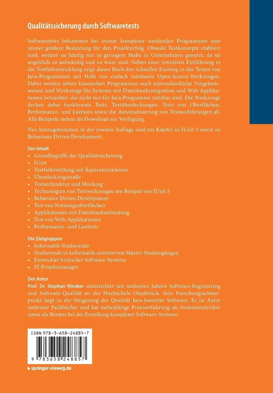 Rückseite: 9783658248857 | Qualitätssicherung durch Softwaretests | Stephan Kleuker | Taschenbuch