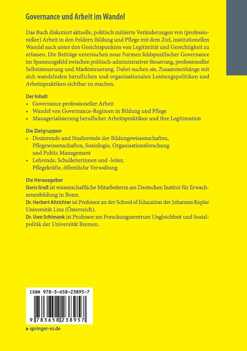 Rückseite: 9783658238957 | Governance und Arbeit im Wandel | Doris Graß (u. a.) | Taschenbuch