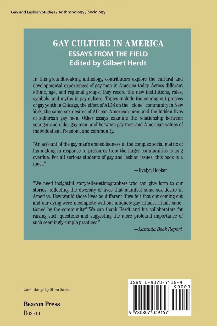 Rückseite: 9780807079157 | Gay Culture in America | Essays from the Field | Gilbert Herdt | Buch
